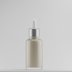 A minimalist glass dropper bottle filled with a light-colored liquid stands against a plain grey background. The silver cap and white dropper add a touch of elegance. 