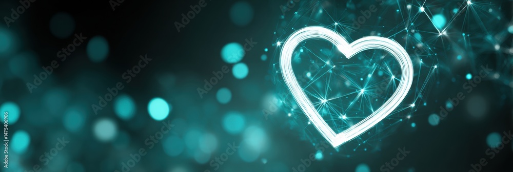 Poster Heart Icon Glowing Against a Digital Abstract Background With Colorful Bokeh and Geometric Patterns Representing Love and Technology