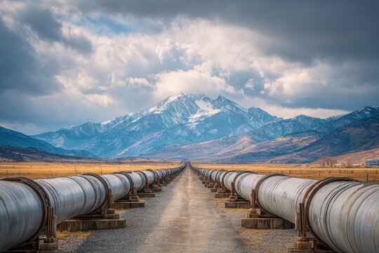 Long metal pipelines stretch across dry terrain toward snow-capped mountain range under cloudy sky, conveying energy source.