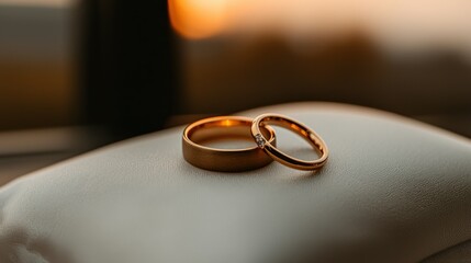 Two golden rings resting on a soft white satin surface