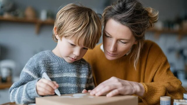 Joyful crafting moment between mother and child, creating personalized designs together