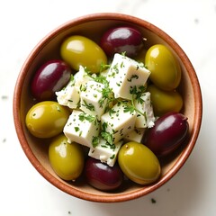Mediterranean Olive and Feta Cheese Salad in Rustic Bowl