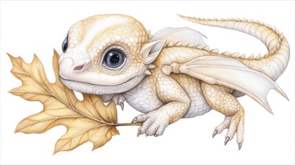 Adorable Baby Dragon with Autumn Leaf - A cute, cream-colored baby dragon gently holds a yellow autumn leaf. Perfect for fantasy, children's books, or autumn themes