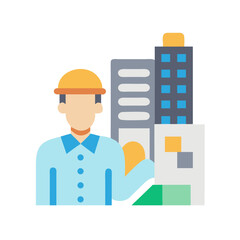 Construction Worker with Buildings Vector Art Illustration