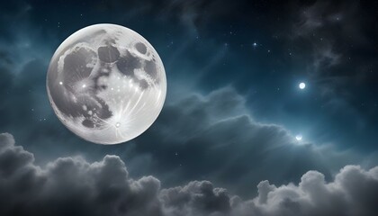 Obraz premium The radiant full moon illuminates the night, shining above dark, dramatic, and ominous clouds.