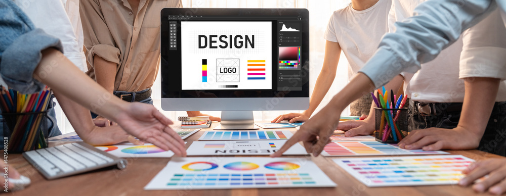Poster Graphic designer software for modern design of web page and commercial brisk ads showing on the computer screen
