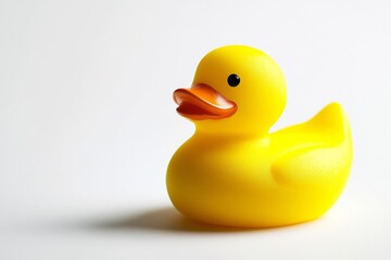 A cheerful yellow rubber duck with a glossy finish rests on a white surface, embodying whimsy and playful charm. Perfect for decoration or as a toy, this delightful object stands out vividly