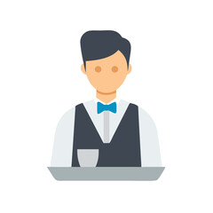 Elegant waiter icon serving drink on tray, black background
