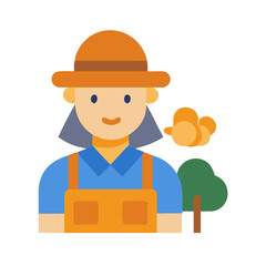 Flat vector farmer woman with tree on black background