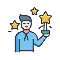 Man with trophy and stars icon on black