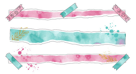 Obraz premium Watercolor torn paper strips with tape, pink and blue design