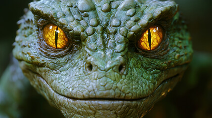 Fototapeta premium Close-up of a reptilian alienâs scaly green face with glowing yellow eyes and vertical pupils