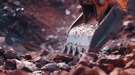 Excavator Bucket Digging into Rocky Terrain