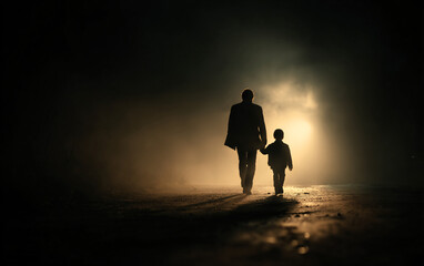 silhouettes of father and child walking together in darkness illuminated by dramatic beam of light symbolizing trust protection connection and emotional guidance
