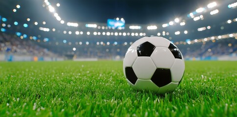 Fototapeta premium Exciting Soccer Match Under Bright Stadium Lights With a Close-Up of the Ball on the Grass