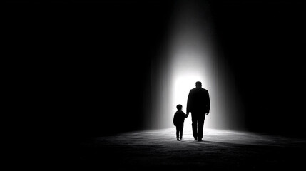 Obraz premium silhouettes of father and child walking together in darkness illuminated by dramatic beam of light symbolizing trust protection connection and emotional guidance 