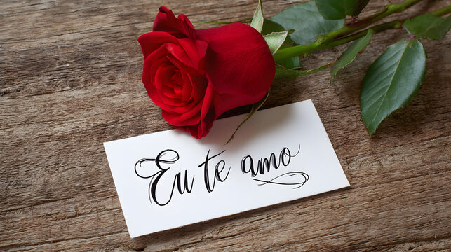Expressing Love with a Single Red Rose and "Eu te amo" Message on Rustic Wood Surface