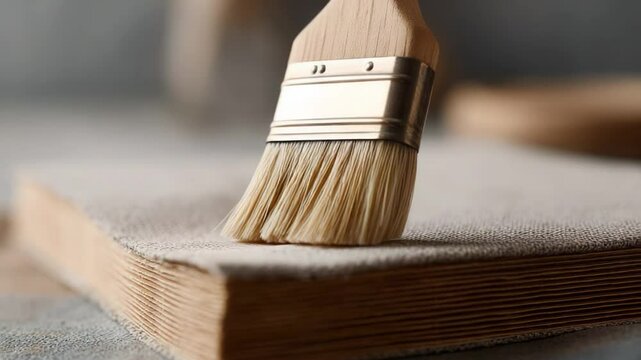 Brush glides over wooden surface, preparing for creative transformation and artistry