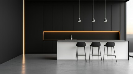Modern Interior Kitchen With Stools and Sleek Black Cabinets