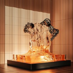 A molten glass podium being shaped in real-time by robotic arms, wall with heat-resistant ceramic tiles.