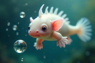 An adorable axolotl gracefully glides through water, poised with ninja-like precision next to bubbles.