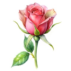 classic watercolor rosebud with green stem on white