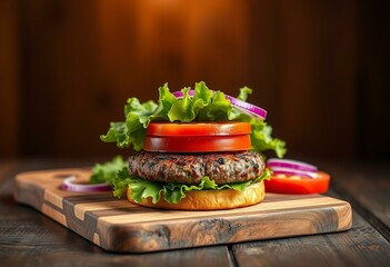 A mouthwatering Impossible Burger on a wooden cutting board