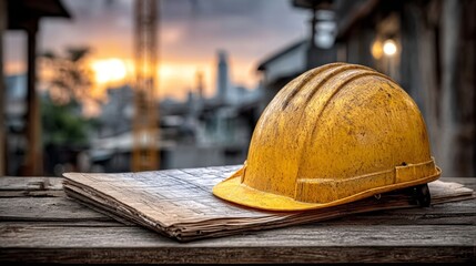 used construction hard hat on blueprint at sunset