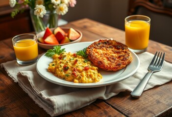 Tofu Scramble with hash brown and fresh fruit