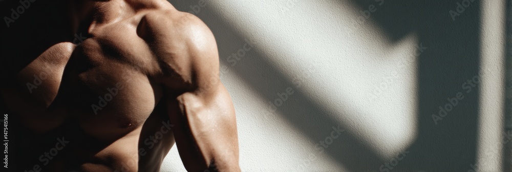 Poster muscular arm emerges from shadow creating a striking contrast on a wall in a fitness environment