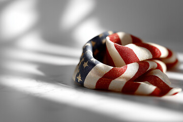 A softly lit close-up of a crumpled American flag on a marble background, symbolizes reflection, patriotism, and solemn remembrance for Memorial Day.. selective focus