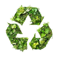 Green recycling symbol surrounded by lush greenery on a clean white background, Green Recycling Symbol in Nature on white background
