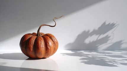 A single pumpkin, illuminated by sunlight, casts a shadow.