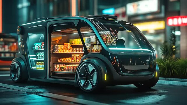 Futuristic autonomous delivery vehicle showcasing vibrant food products at night in a bustling urban setting