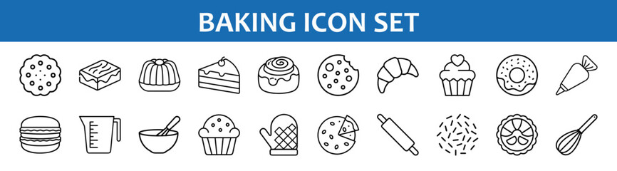 Baking icons set of cookie cake cupcake donut croissant and kitchen tools vector illustration