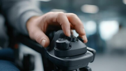 Hand controls joystick on an advanced mobility device, showcasing innovation and accessibility