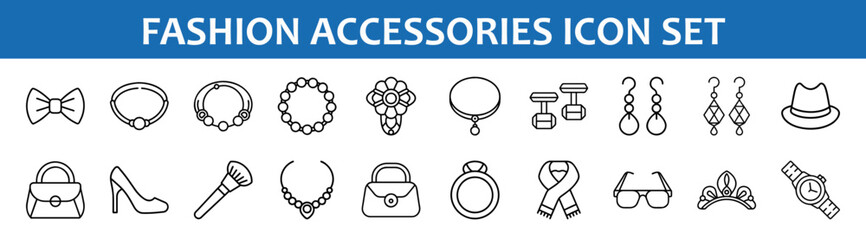 Fashion accessories icon set vector graphic design illustration with jewelry and clothing items