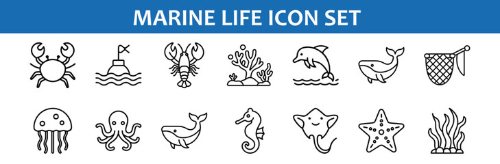 Marine life icon set vector illustration featuring sea animals ocean creatures and underwater life
