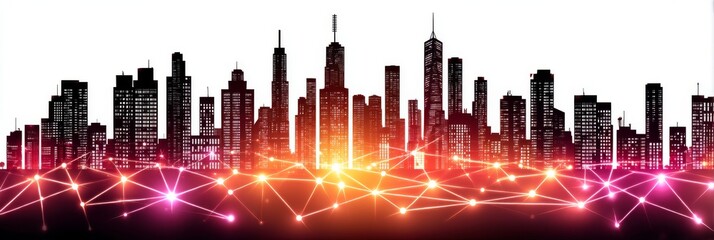 Cityscape Network Connections - Silhouette of a modern city skyline illuminated by a network of interconnected glowing nodes. Represents technology, communication, and urban development