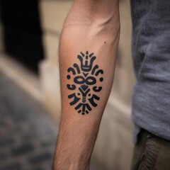 Intricate black temporary tattoo design on forearm.