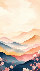 Watercolor Landscape Illustration with Flowers and Gradual Colors