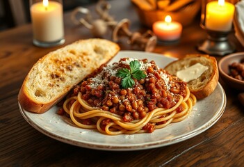 Fototapeta premium Lentil Bolognese on rustic wooden table