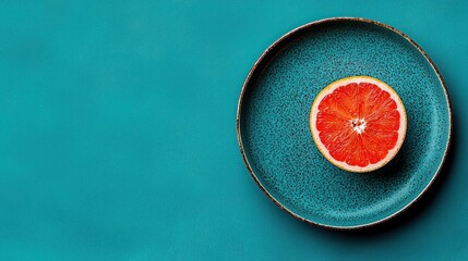 Half a grapefruit sits on a textured teal colored plate