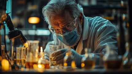 Focused scientist examining chemical samples in laboratory with glowing lights.