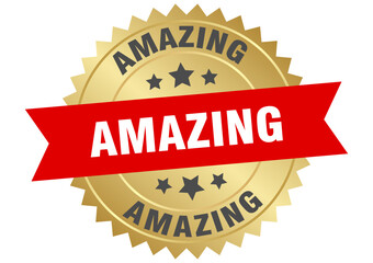 amazing. amazing round red and gold label isolated on transparent background