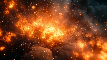 Intense fire explosion with glowing particles and thick smoke on dark background.