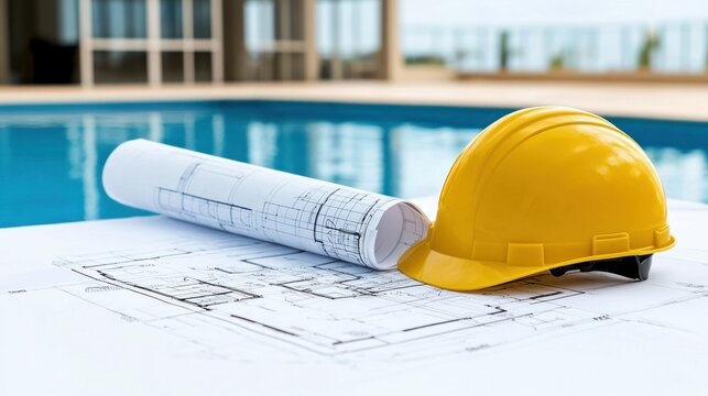A rolled blueprint and yellow helmet on architectural plans poolside