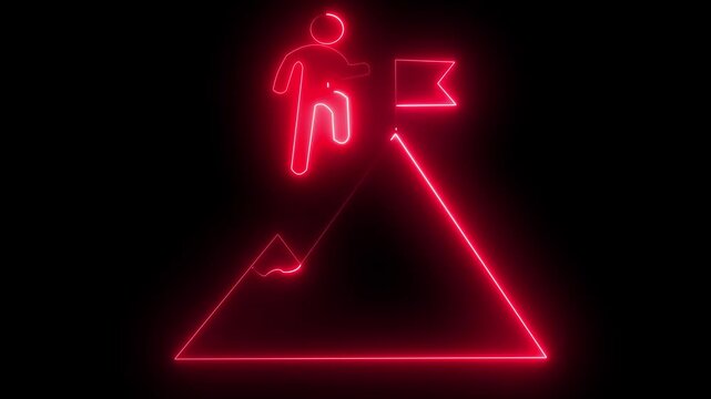 Glowing neon line of man conquering mountain peak icon isolated on transparent background Business concept of victory, success, goal achiever Success icon animation with neon 