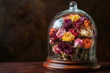 Dried roses of various colors, preserved under a glass dome on a wooden base