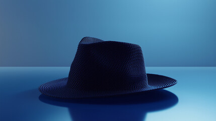 A hyper-realistic 3D render of a navy blue hat, perfectly positioned in a high-tech showroom